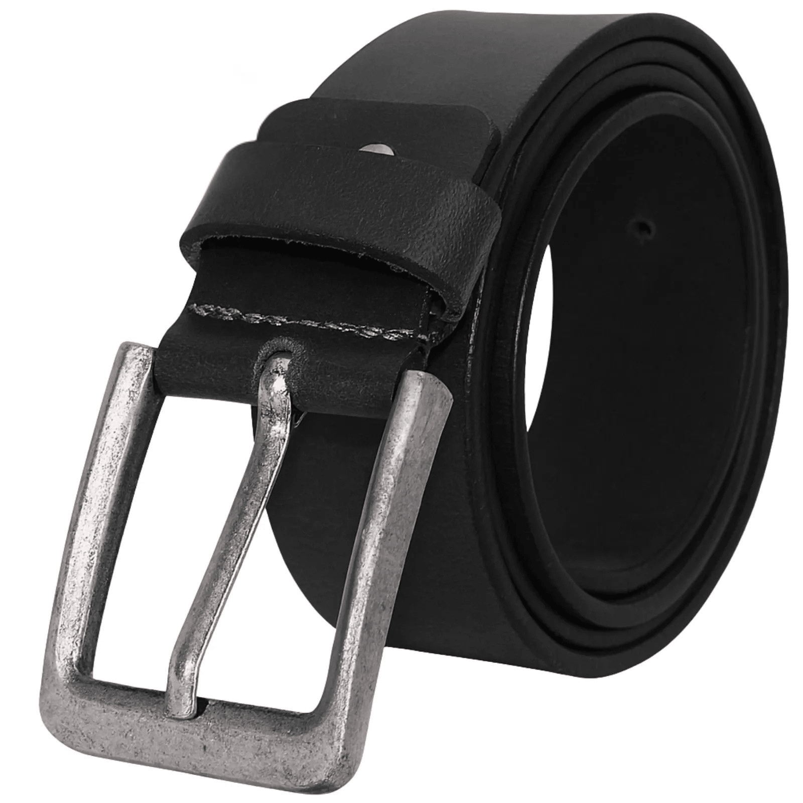 Black belt with a silver buckle on a white background