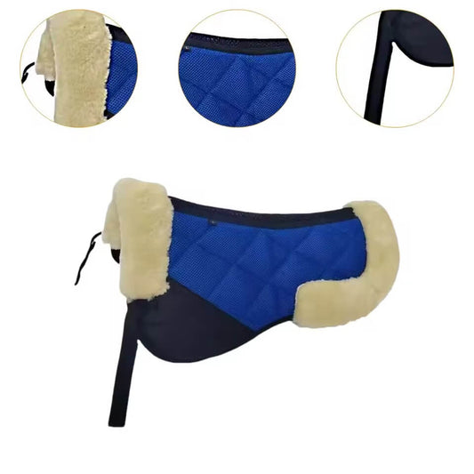 Blue and beige saddle pad with close-up insets on a white background