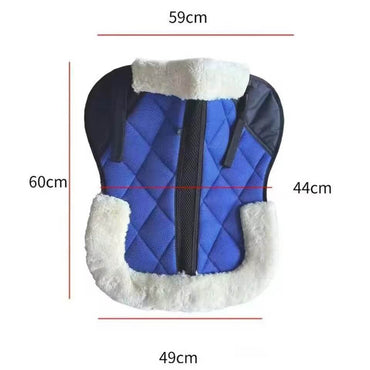 Blue quilted horse pad with measurements on a white background