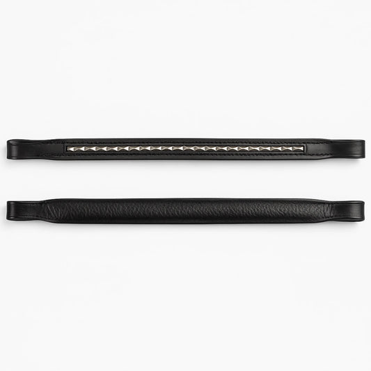 Black leather browband hardware on a white background