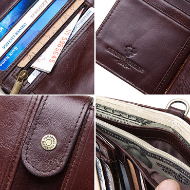 Collage of a brown leather wallet with various compartments and card slots.