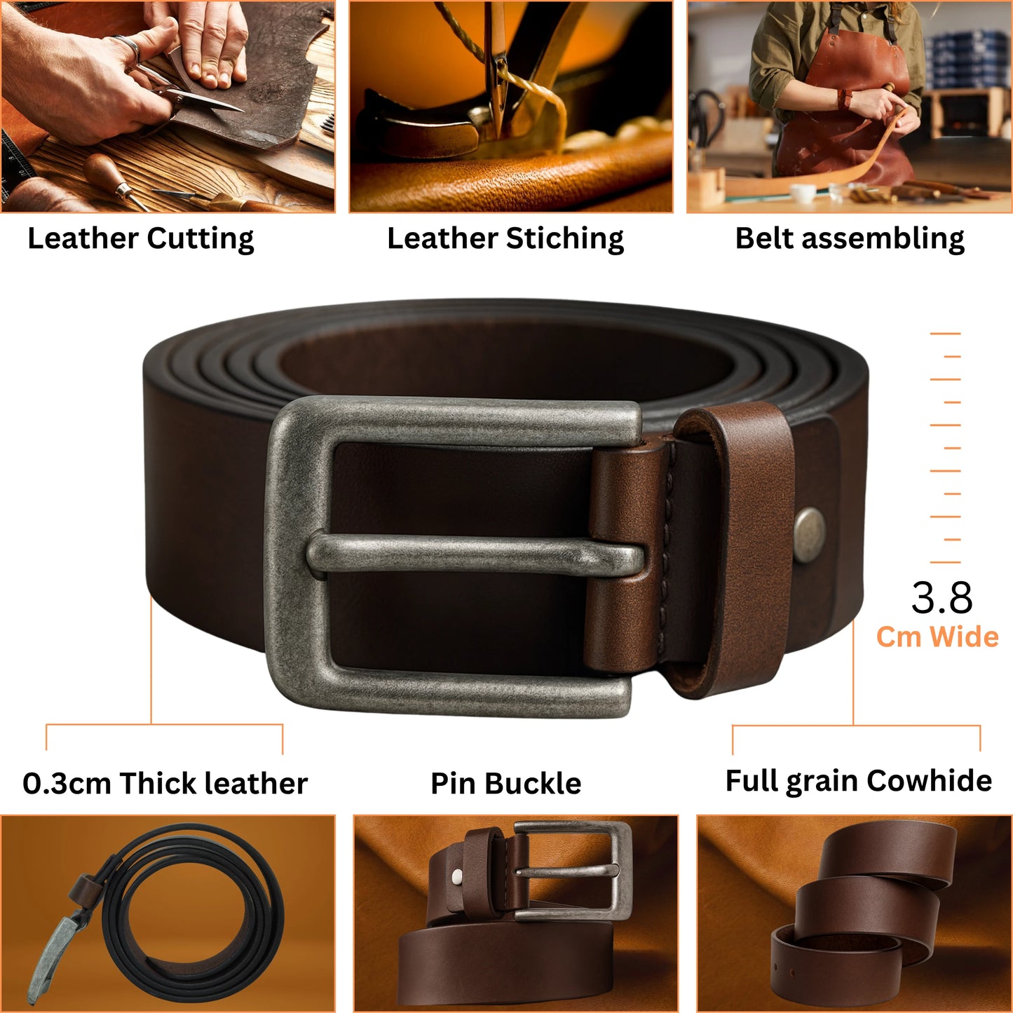Brown leather belt with measurements and assembly process images.