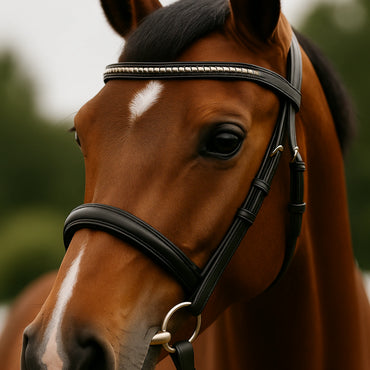 Close-up of a brown horse wearing a bridle with a blurred green background