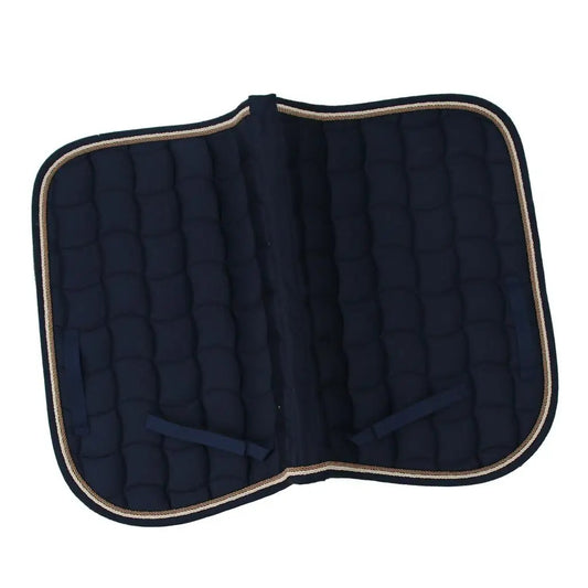 Navy blue quilted saddle pad with beige trim on a white background