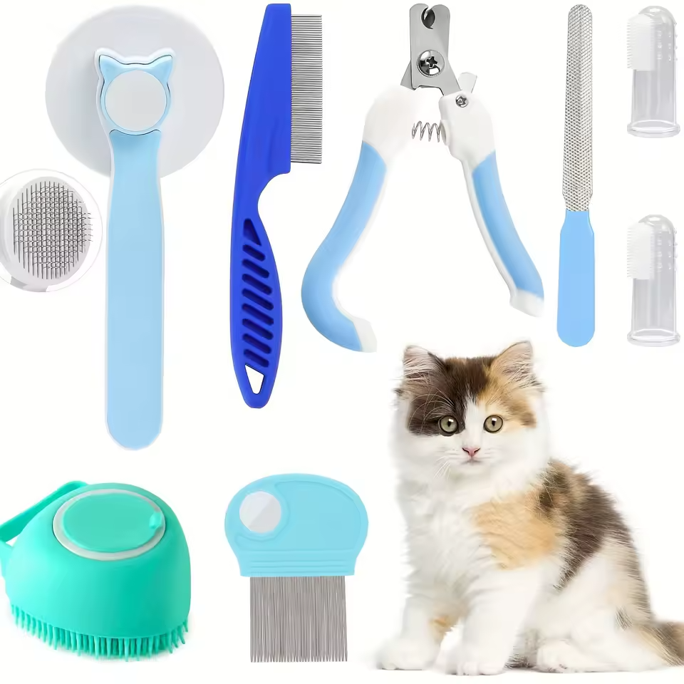 8-delige huisdierverzorgingsset honden- en kattenborstel nagelknipper vlooienkam badset