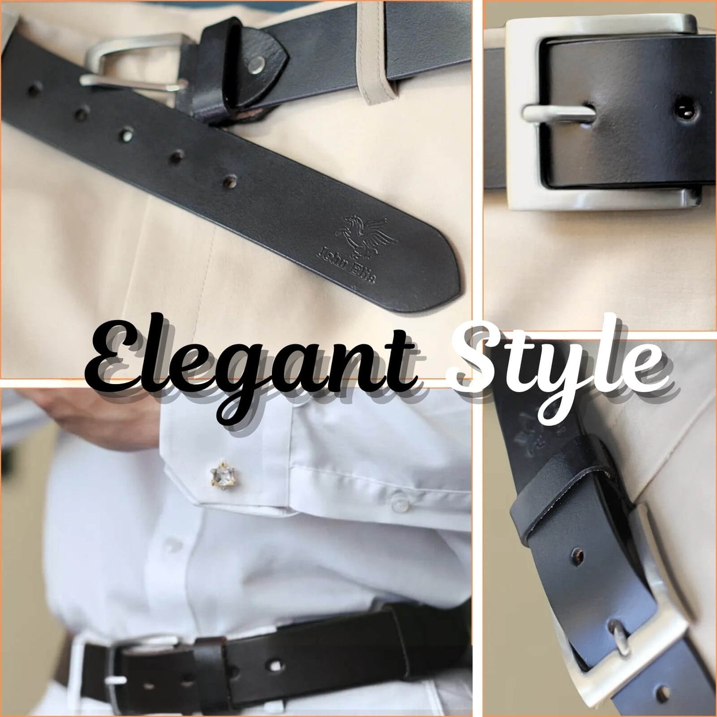Black leather belt with silver buckle on a beige background, labeled 'Elegant Style'.
