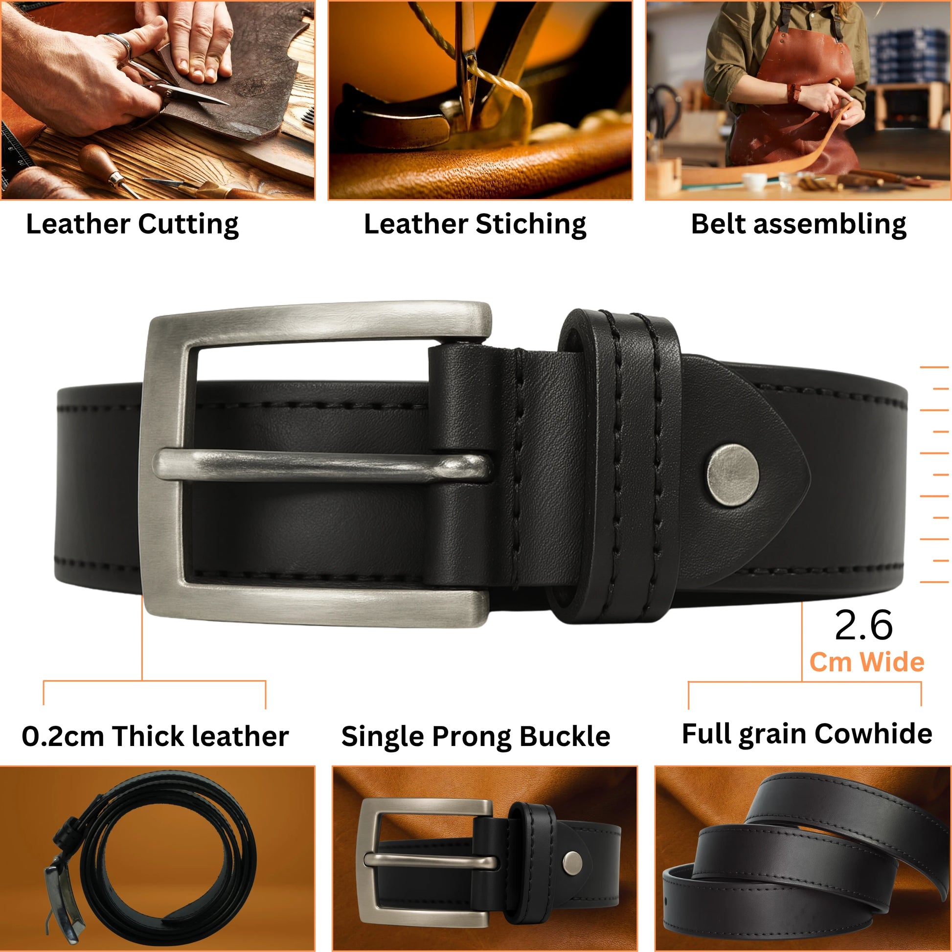 Black leather belt with silver buckle, shown with assembly steps and product details.