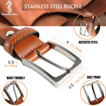 Brown leather belt with stainless steel buckle, showing features like thickness, width, and rust proofing.