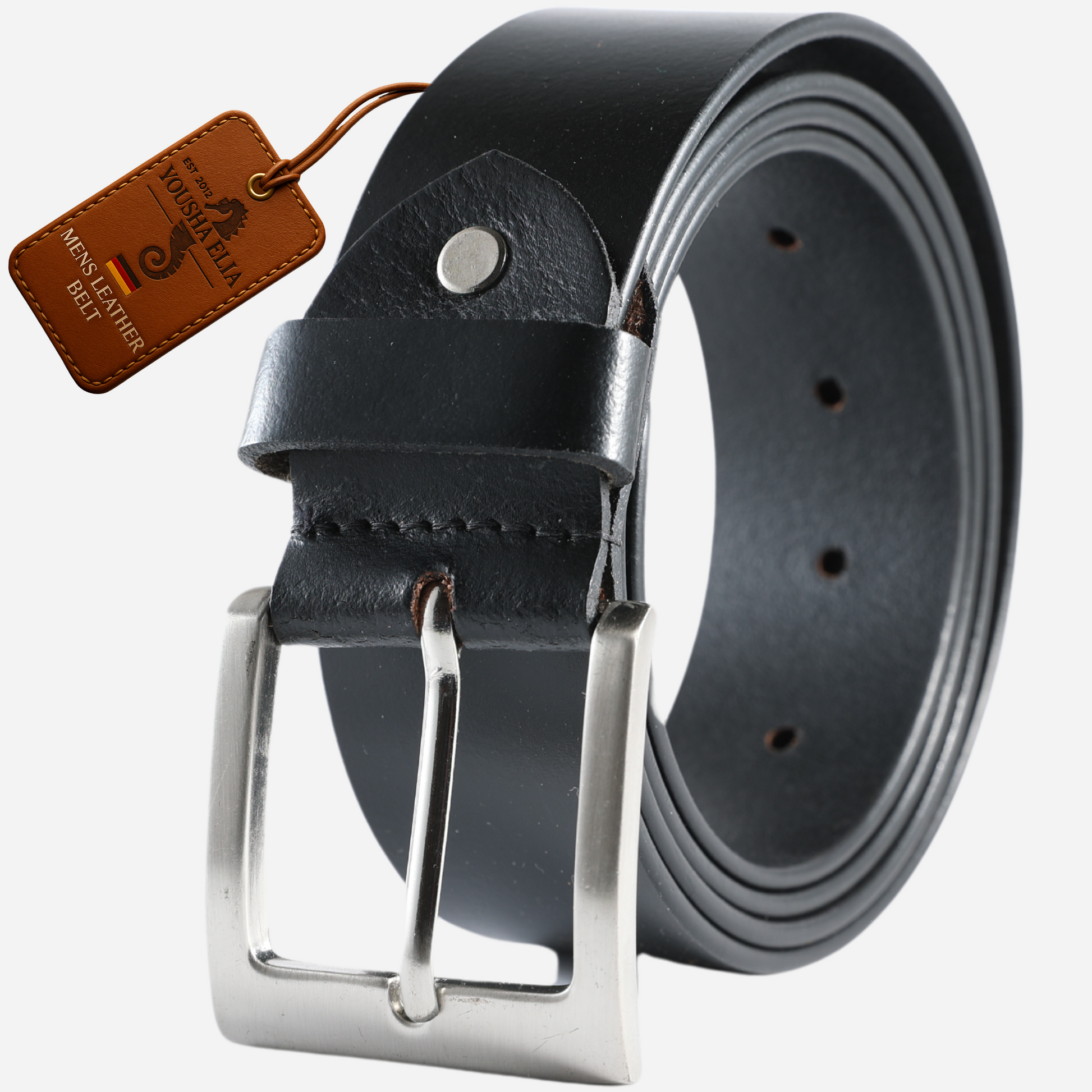 Black leather belt with silver buckle and a visible brand tag on a white background