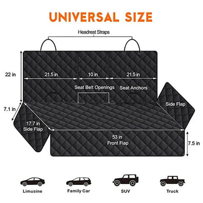 Black car seat cover with measurements and compatibility icons for different vehicle types on a white background.