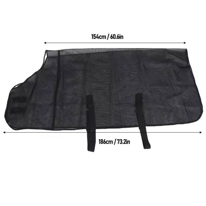 Blackfly rug sunshade with measurements on a white background