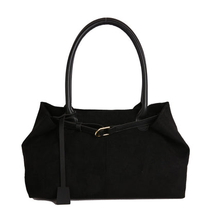 Black handbag with a handle on a white background