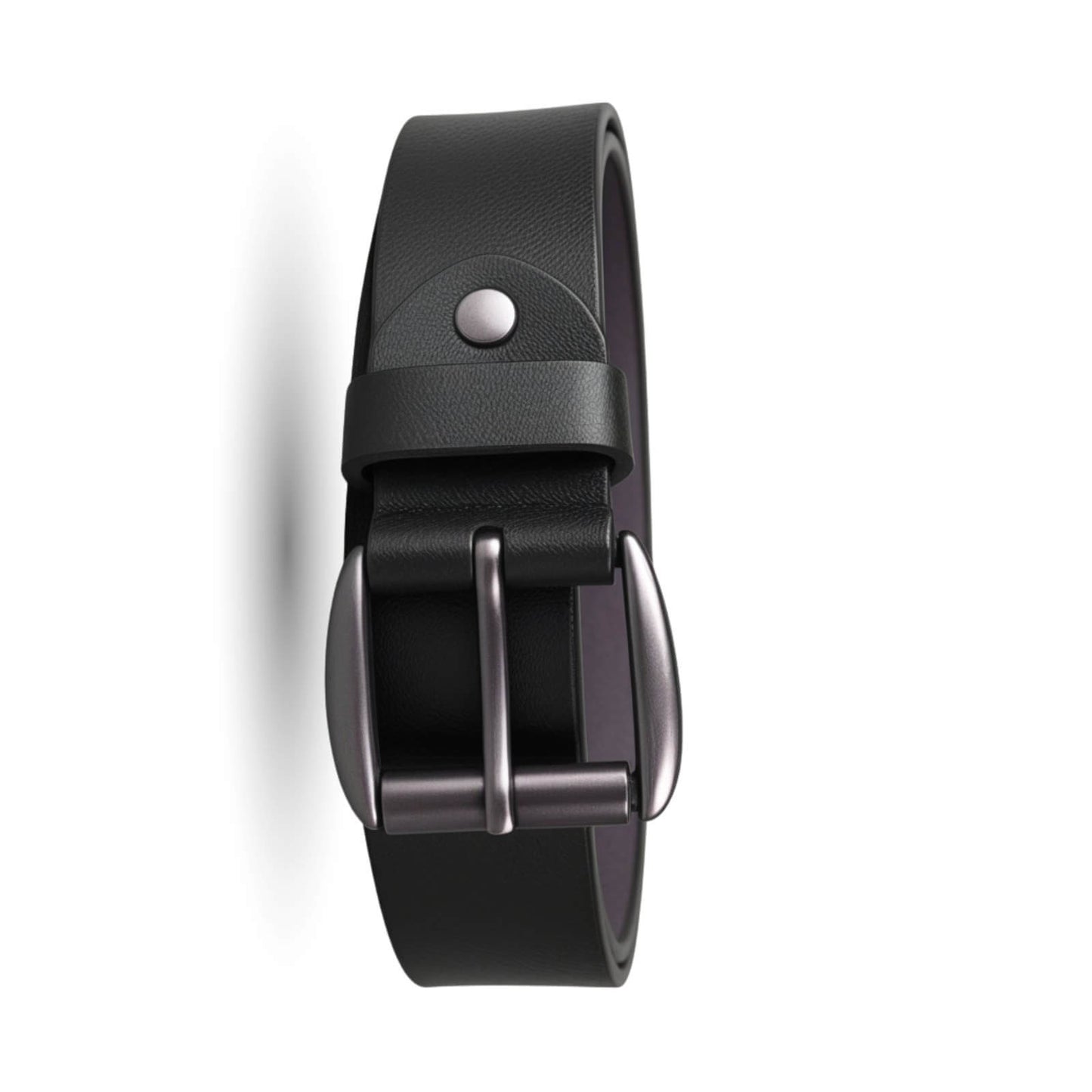 Black leather belt with a silver buckle on a white background