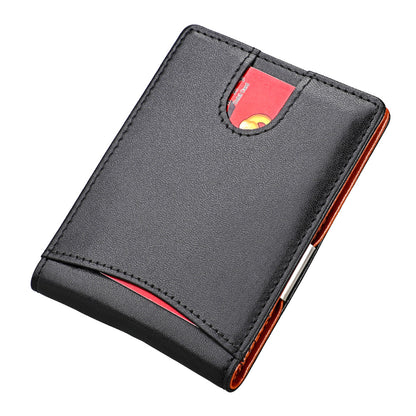 Black leather wallet with a red card pocket on a white background