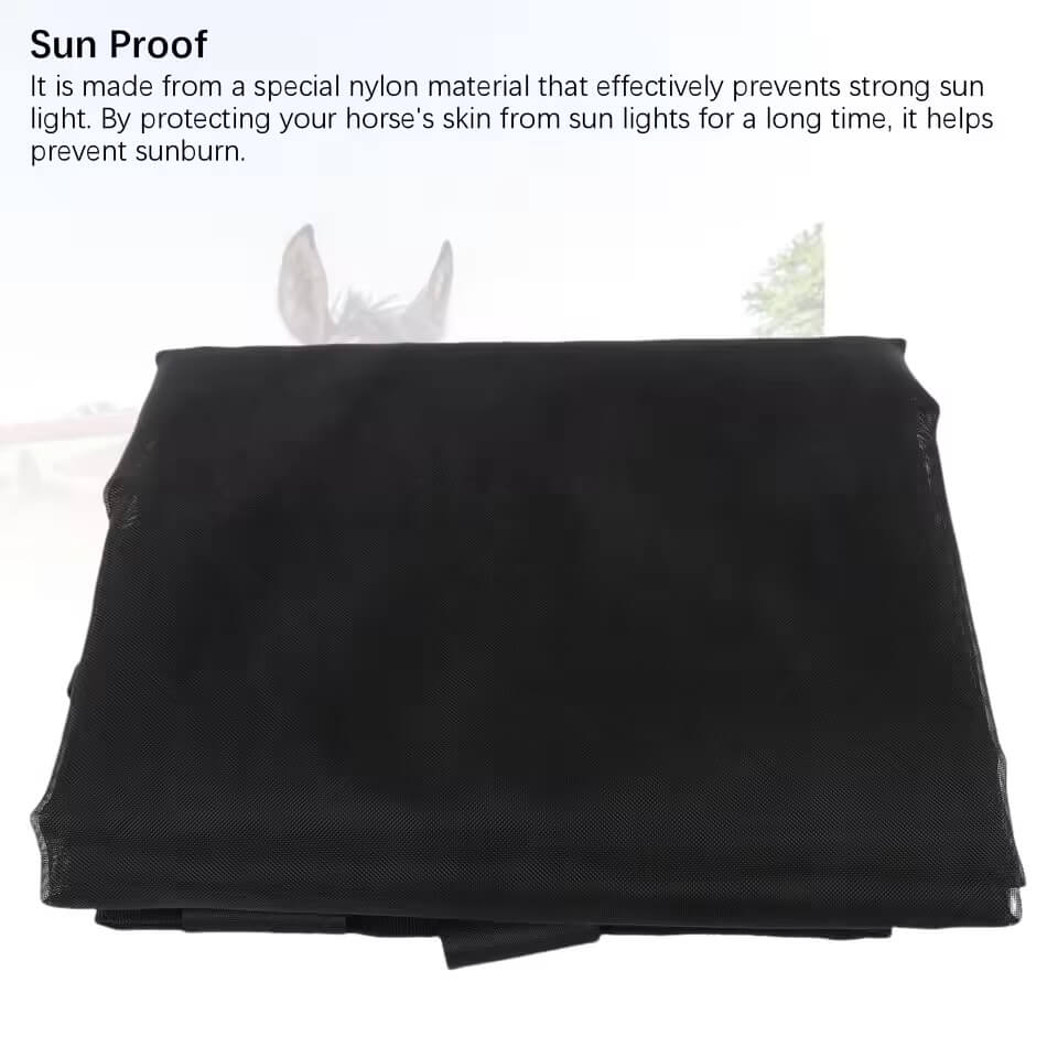 Black sunproof fabric for horses on a white background with text describing its properties.