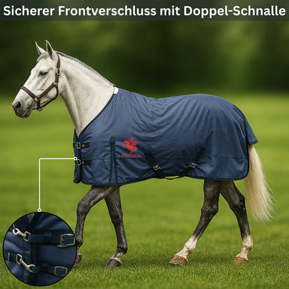 Horse wearing a blue rug with a brand logo on a grassy field