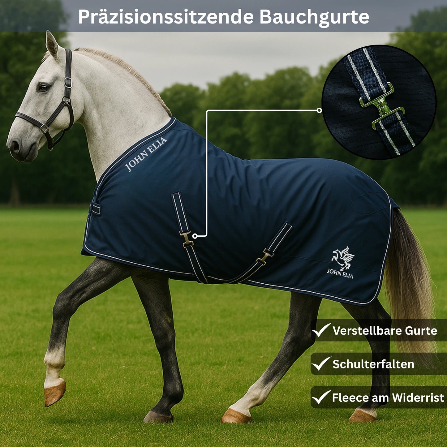 Horse wearing a blue blanket with John Elia branding in an outdoor setting