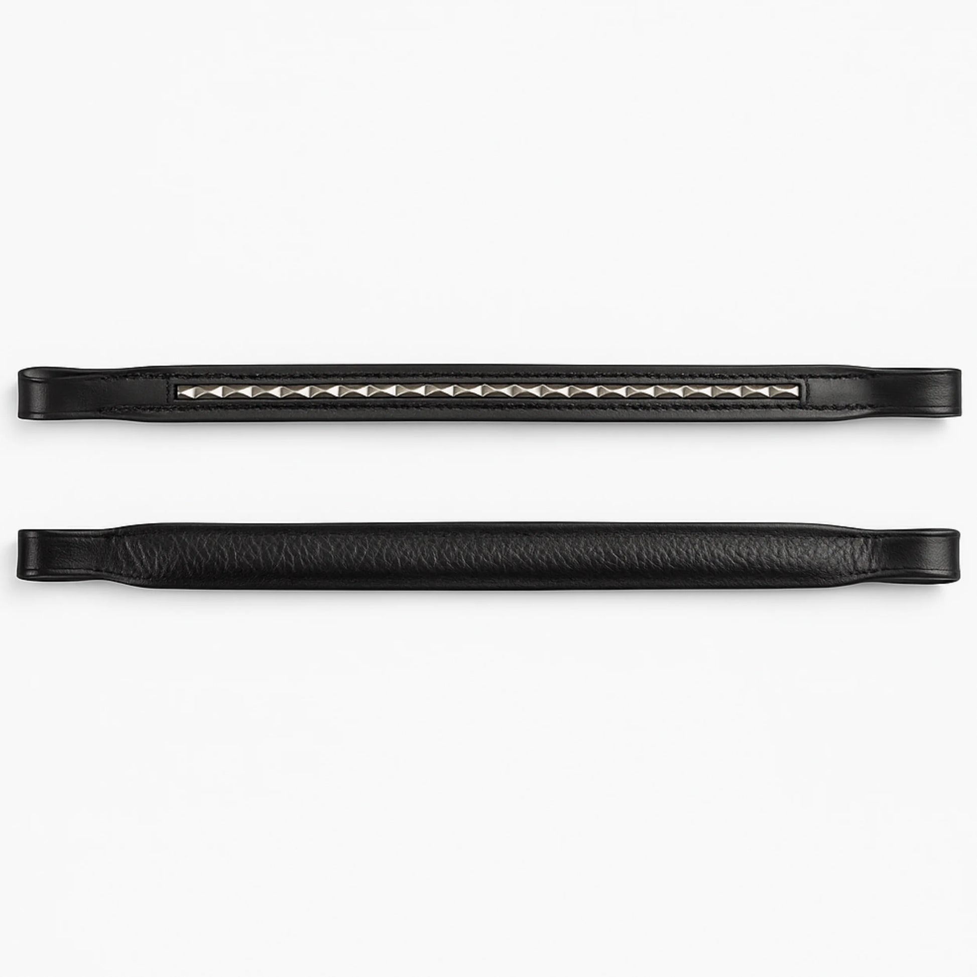 Black leather browband hardware on a white background