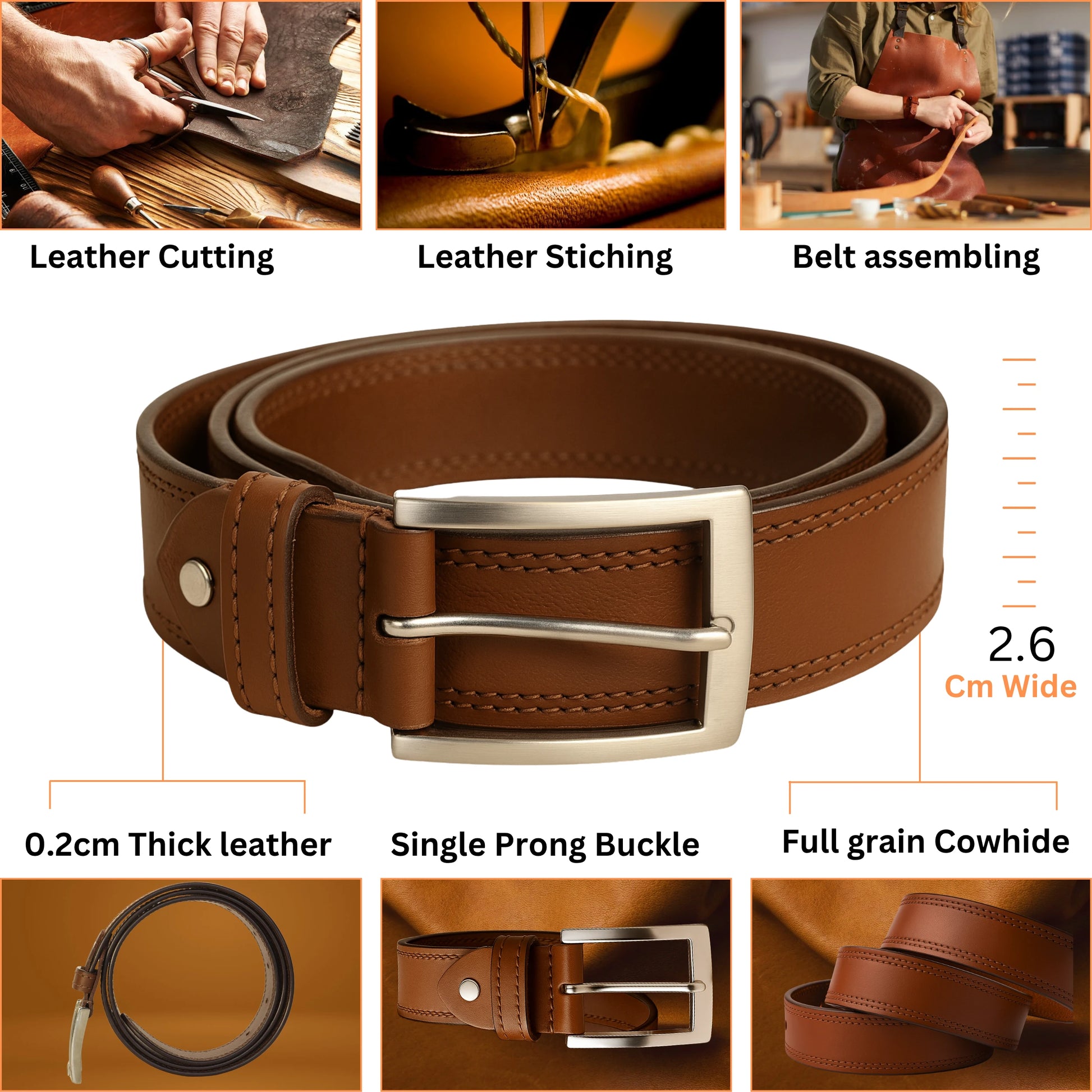 Brown leather belt with silver buckle, shown with stitching process and measurements.