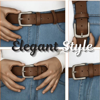 Brown belt being worn on jeans with 'Elegant Style' text overlay