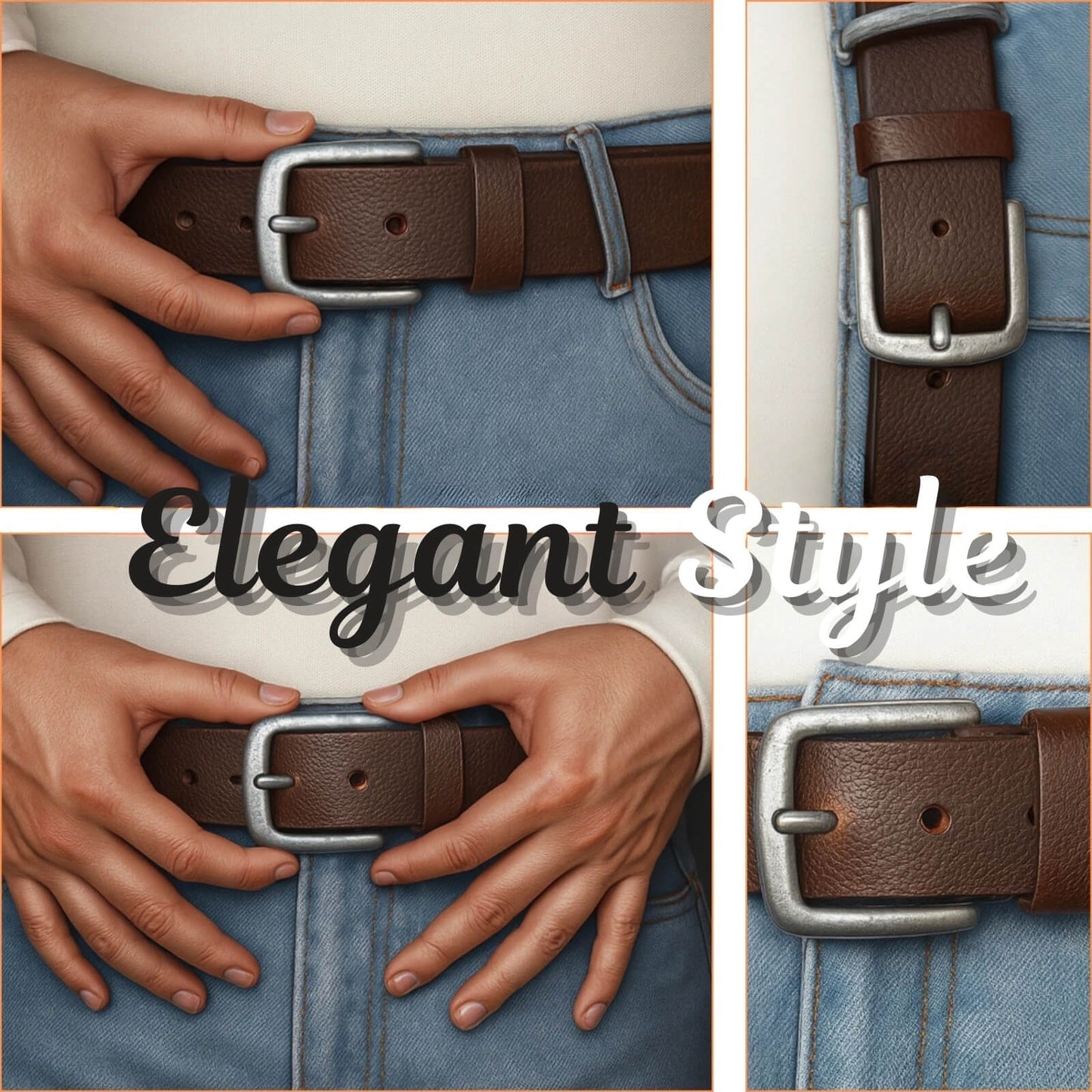 Brown leather belt with silver buckle being worn on blue jeans, with 'Elegant Style' text overlay.