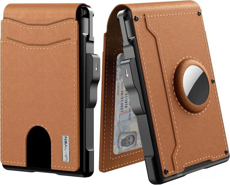 Brown leather wallet with card slots and a money clip on a white background