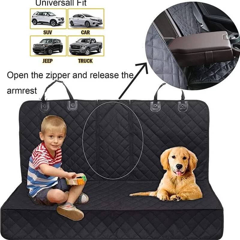 Car seat cover with a child and dog on it, showing how to open and use the armrest.