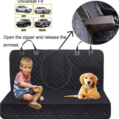 Car seat cover with a child and dog on it, showing how to open and use the armrest.