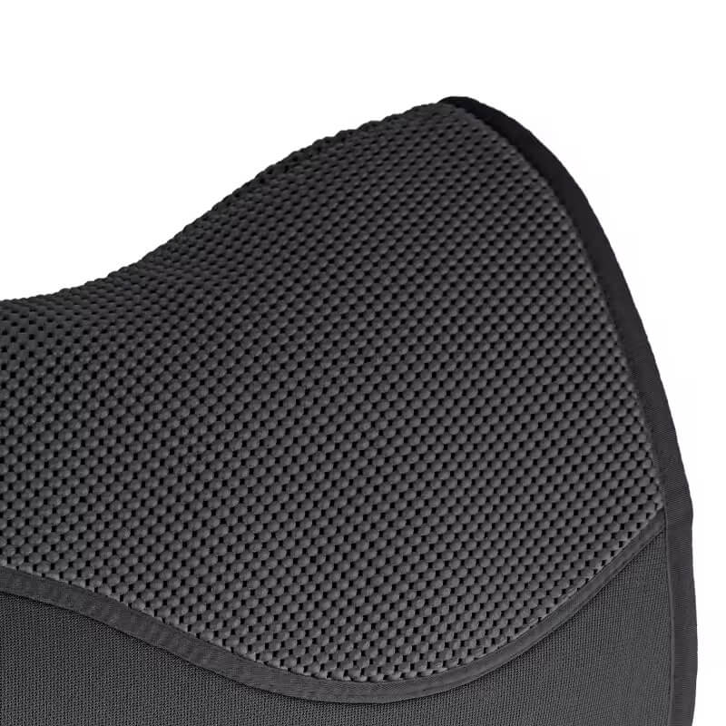 Close-up of a black saddle pad with textured surface on a white background