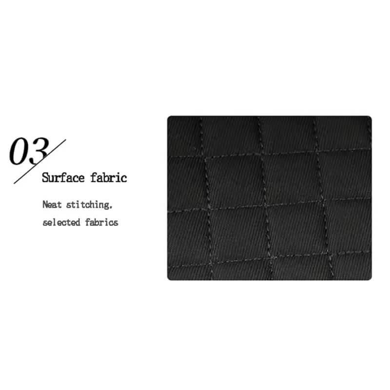 Close-up of black quilted fabric pad with neat stitching on a white background