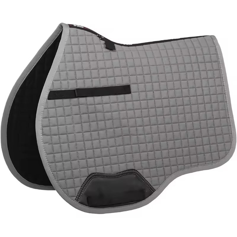 Gray quilted saddle pad with black accents on a white background