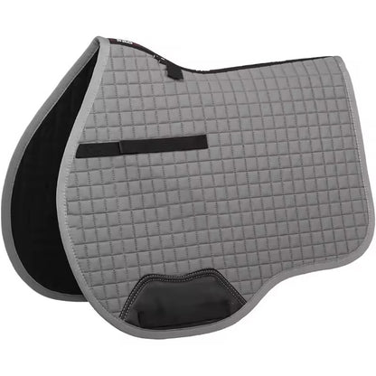 Gray quilted saddle pad with black accents on a white background