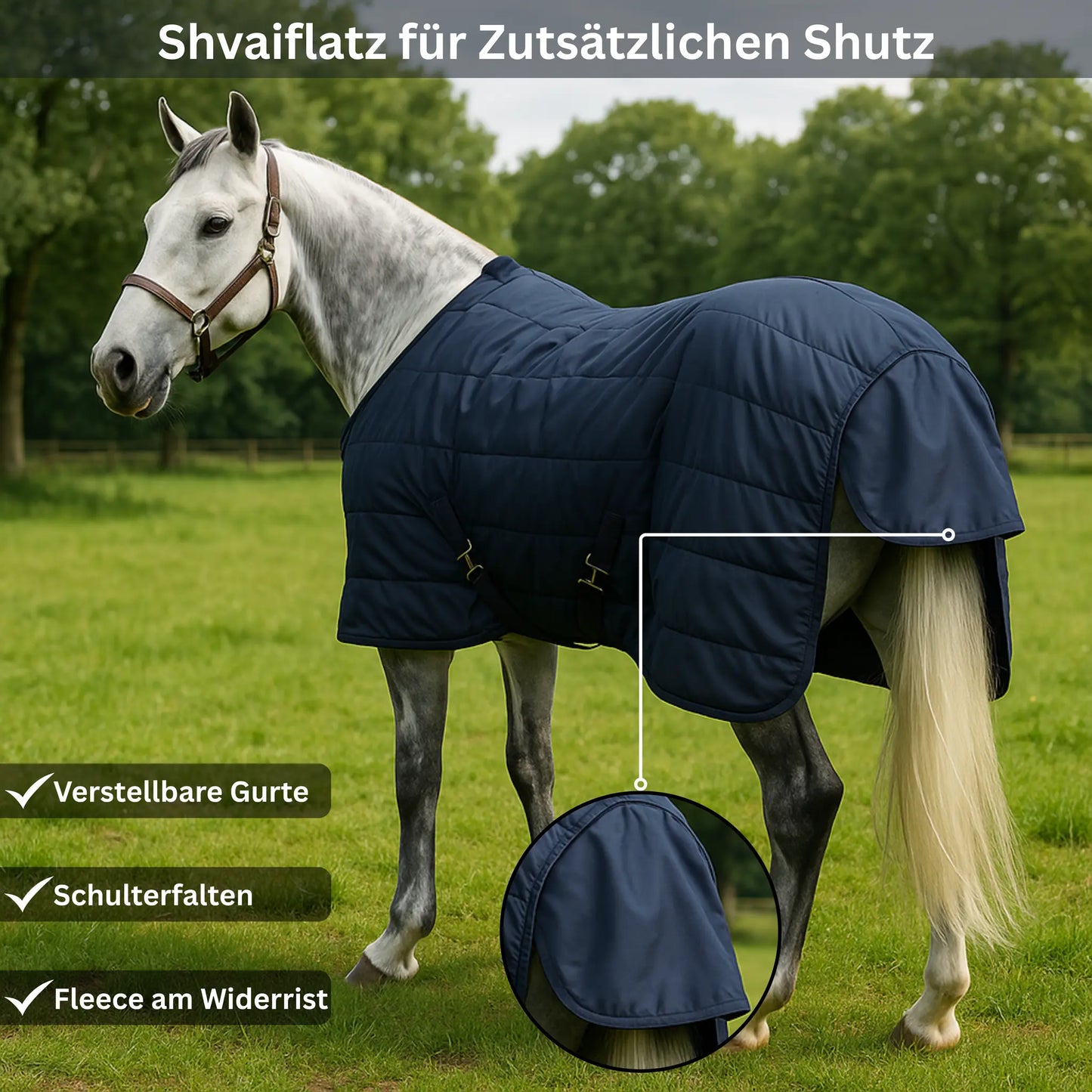 Horse wearing a navy blue quilted blanket with additional features highlighted, standing in a grassy field.