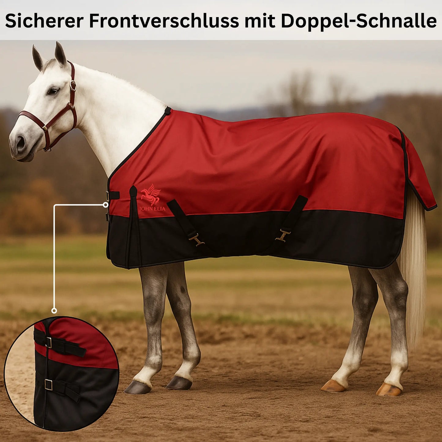 Horse wearing a red and black blanket with a double buckle on a field.