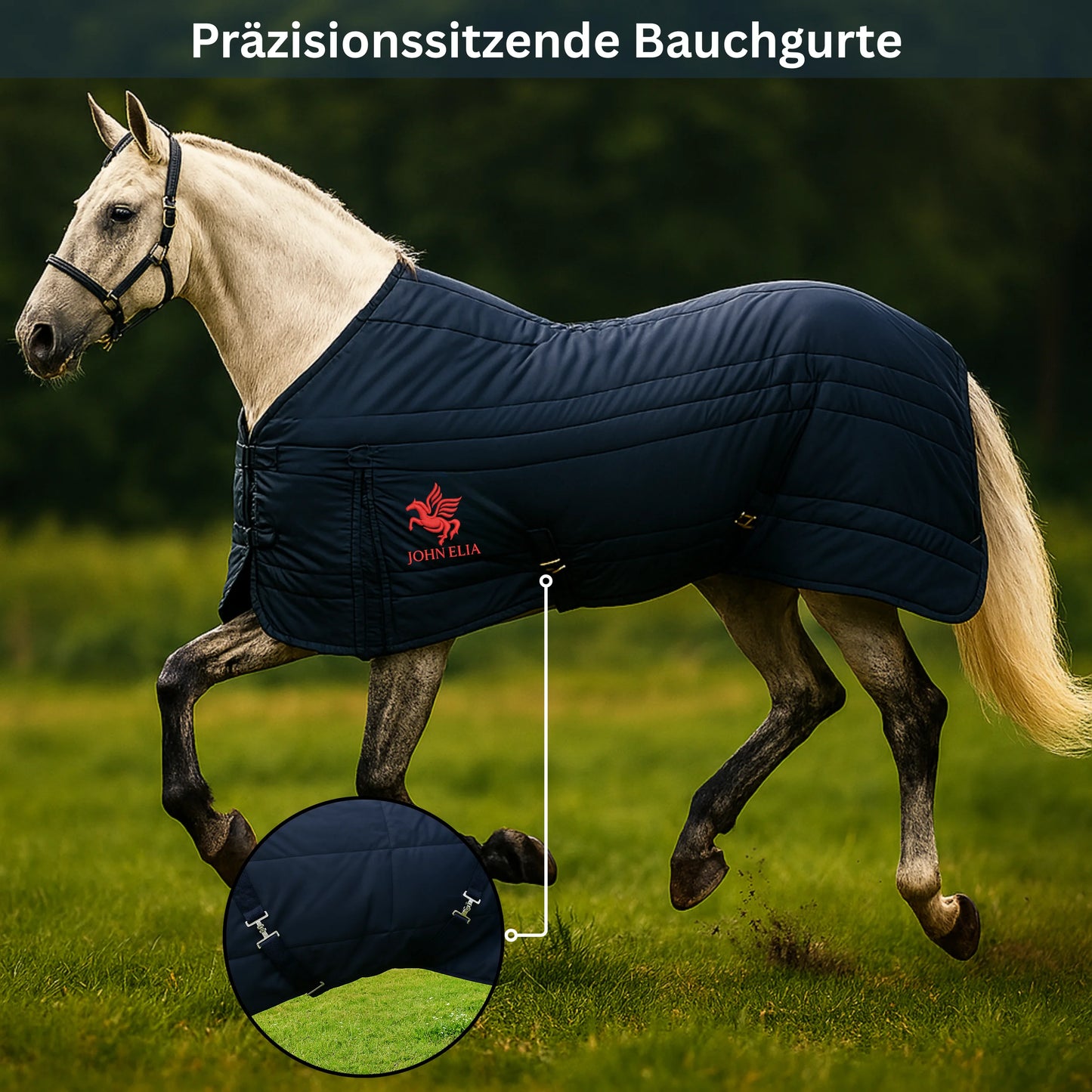 Horse wearing a navy blue blanket with a brand logo on a grassy field