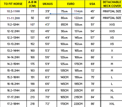 Measurement chart for horse saddles with various height ranges and corresponding measurements in centimeters, inches, and other units.