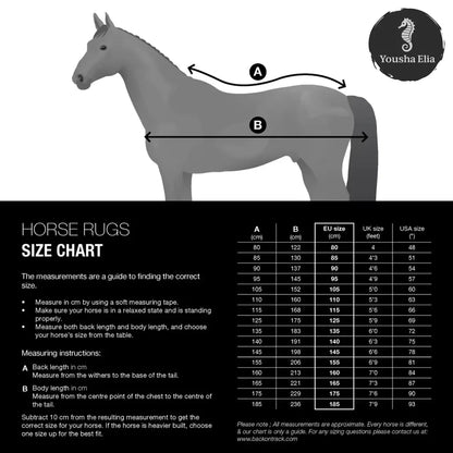 Horse rug size chart with measurements and a horse illustration for reference