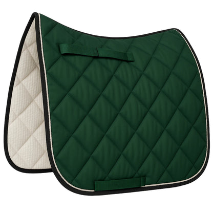 Green quilted saddle pad with white interior on a white background