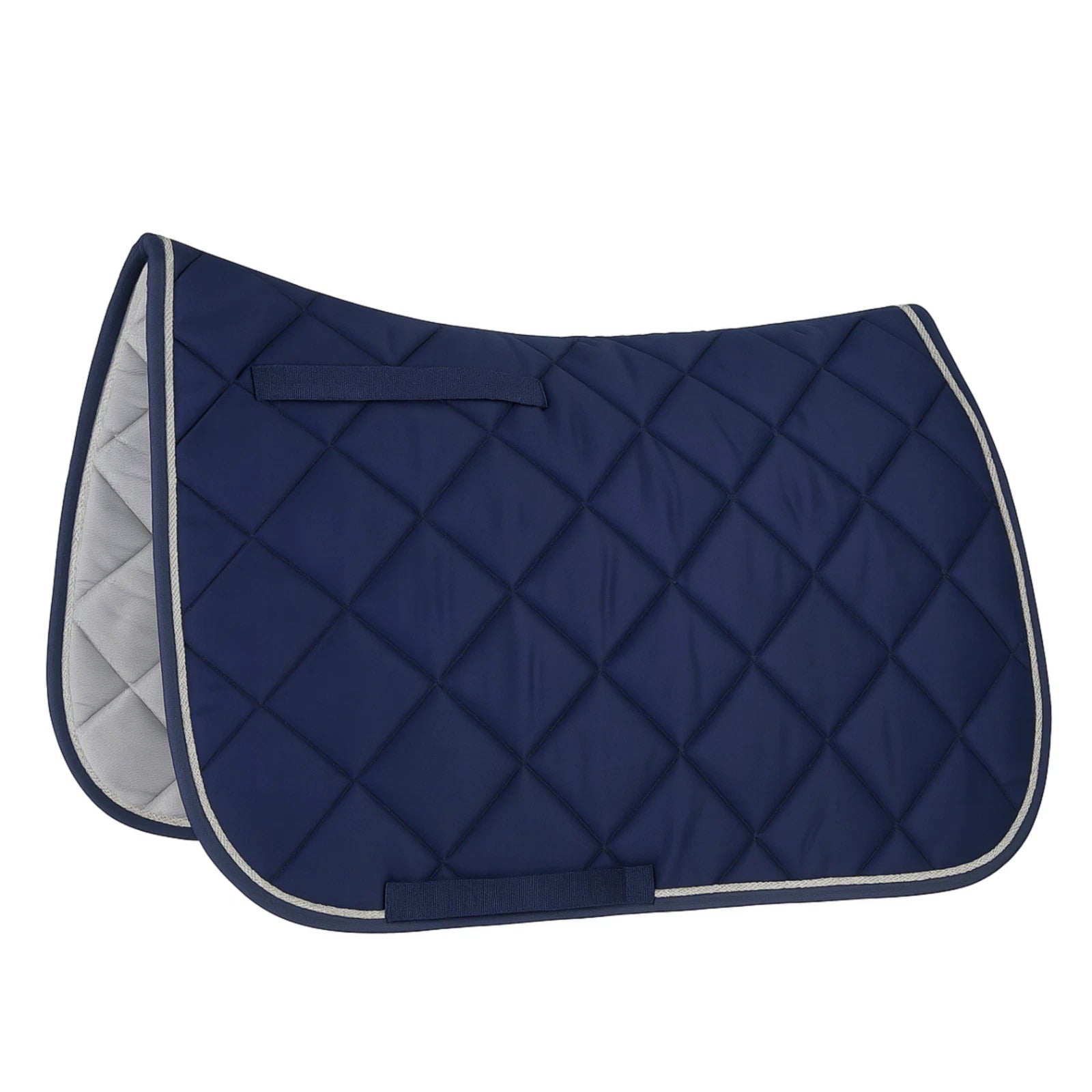 Navy blue quilted saddle pad with white trim on a white background
