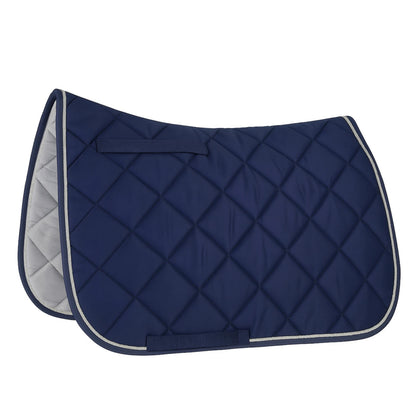 Navy blue quilted saddle pad with white trim on a white background