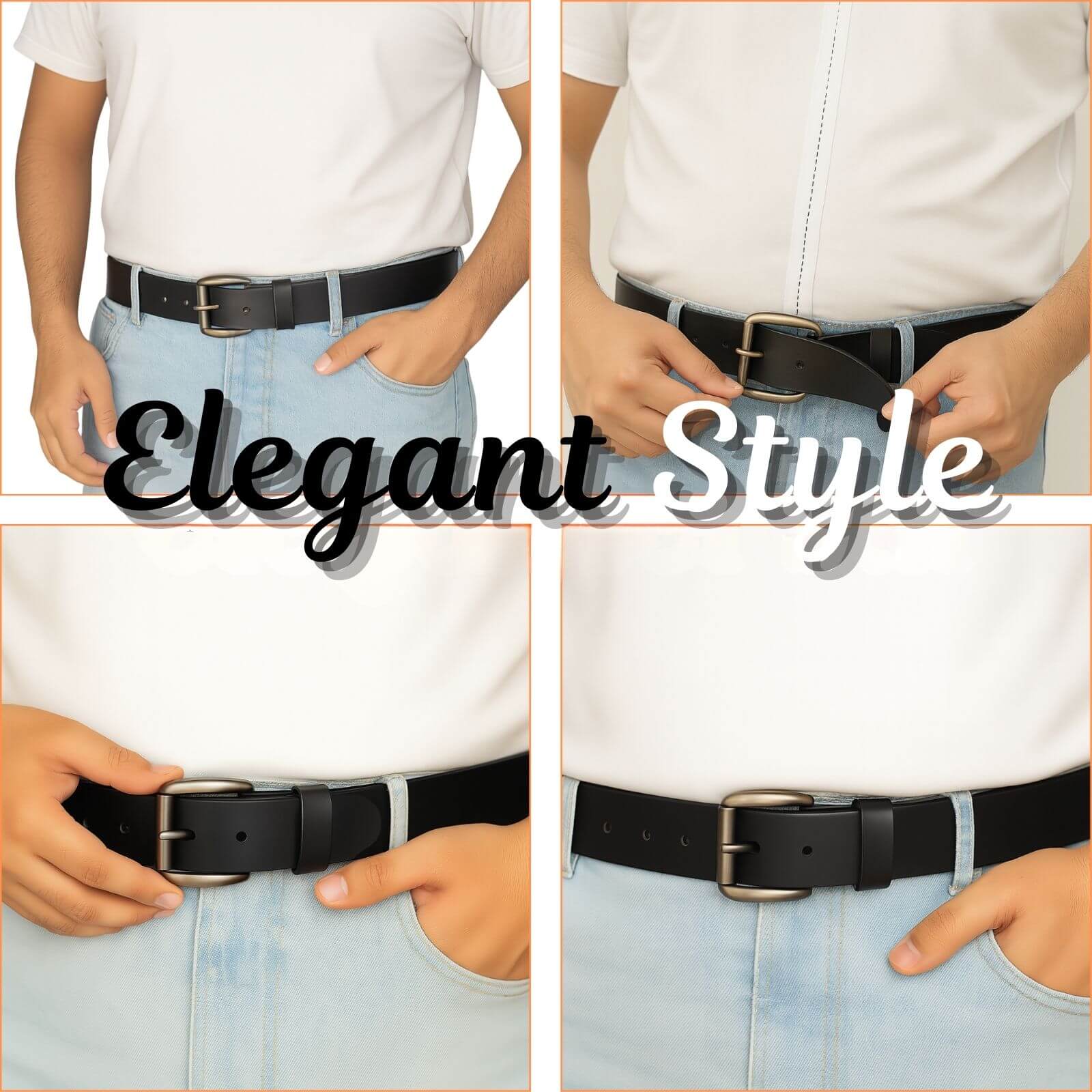Person wearing a black belt with text 'Elegant Style' in a collage format.