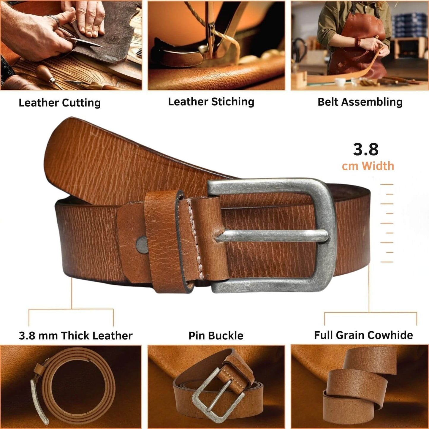 Brown leather belt with silver buckle, showing process steps and belt details.
