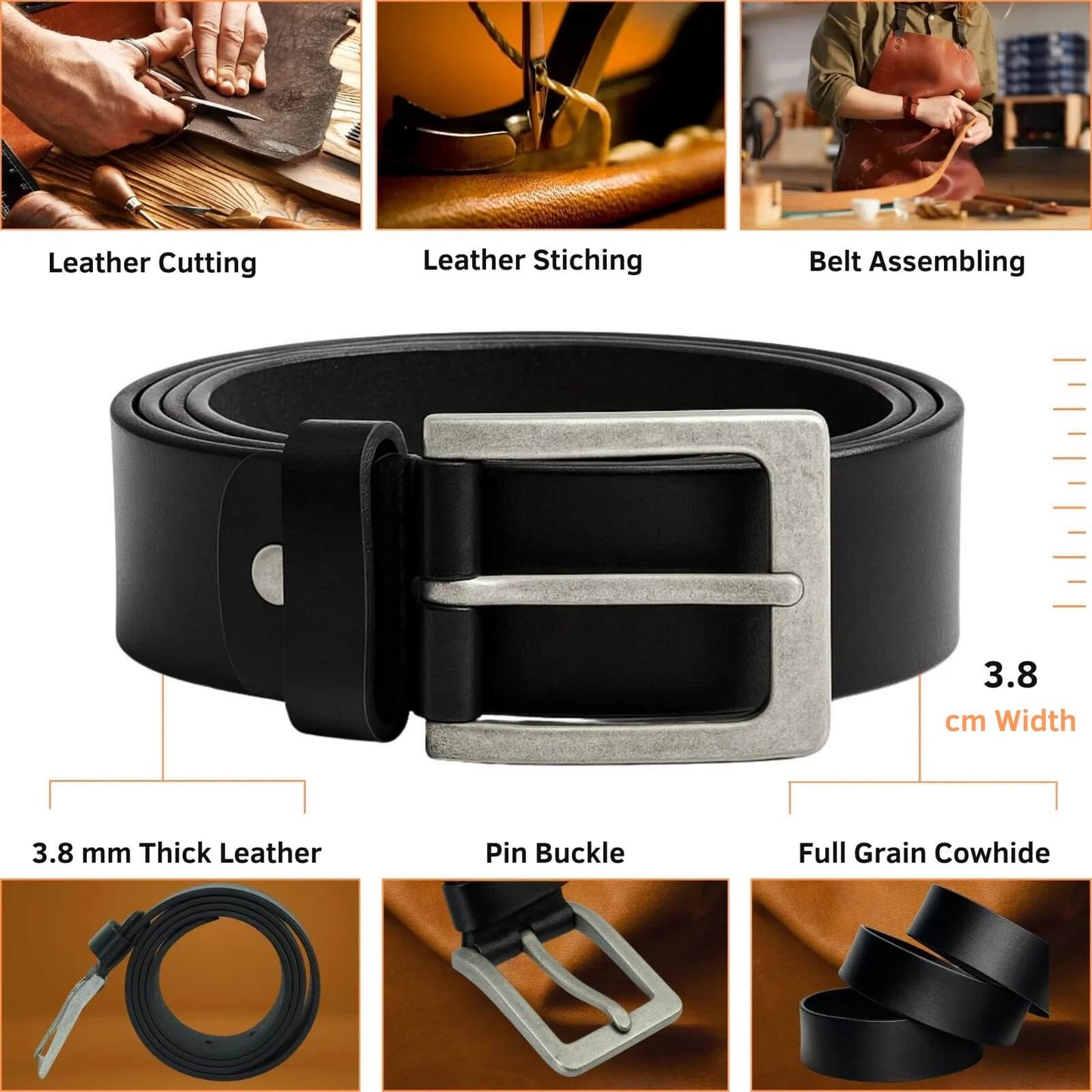 Black leather belt with silver buckle, shown with assembly steps and material details.