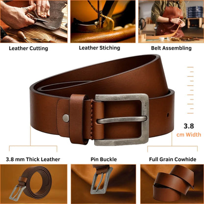 Brown leather belt with metal buckle, shown with assembly steps and material details.