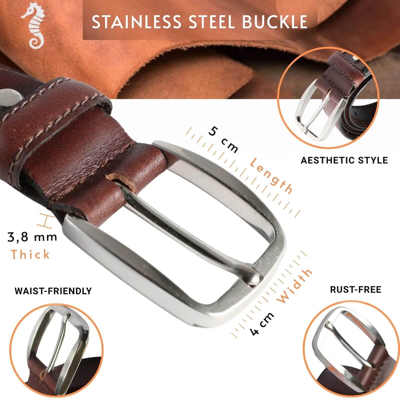 Brown leather belt with stainless steel buckle, showing features like thickness, length, and rust-free properties.