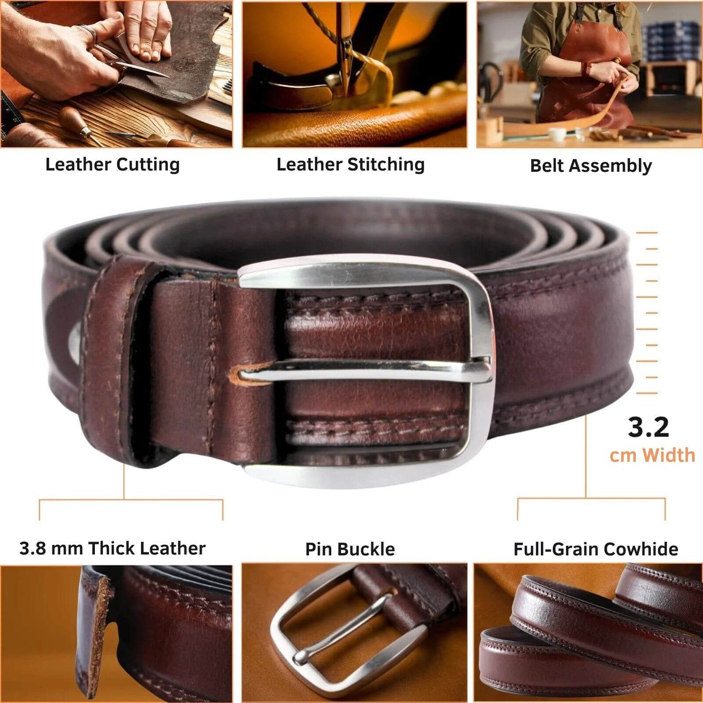 Brown leather belt with metal buckle, showing leather cutting, stitching, and assembly processes.