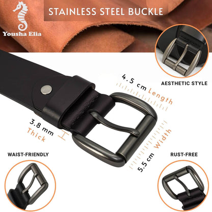 Black belt with stainless steel buckle, featuring dimensions and material details.