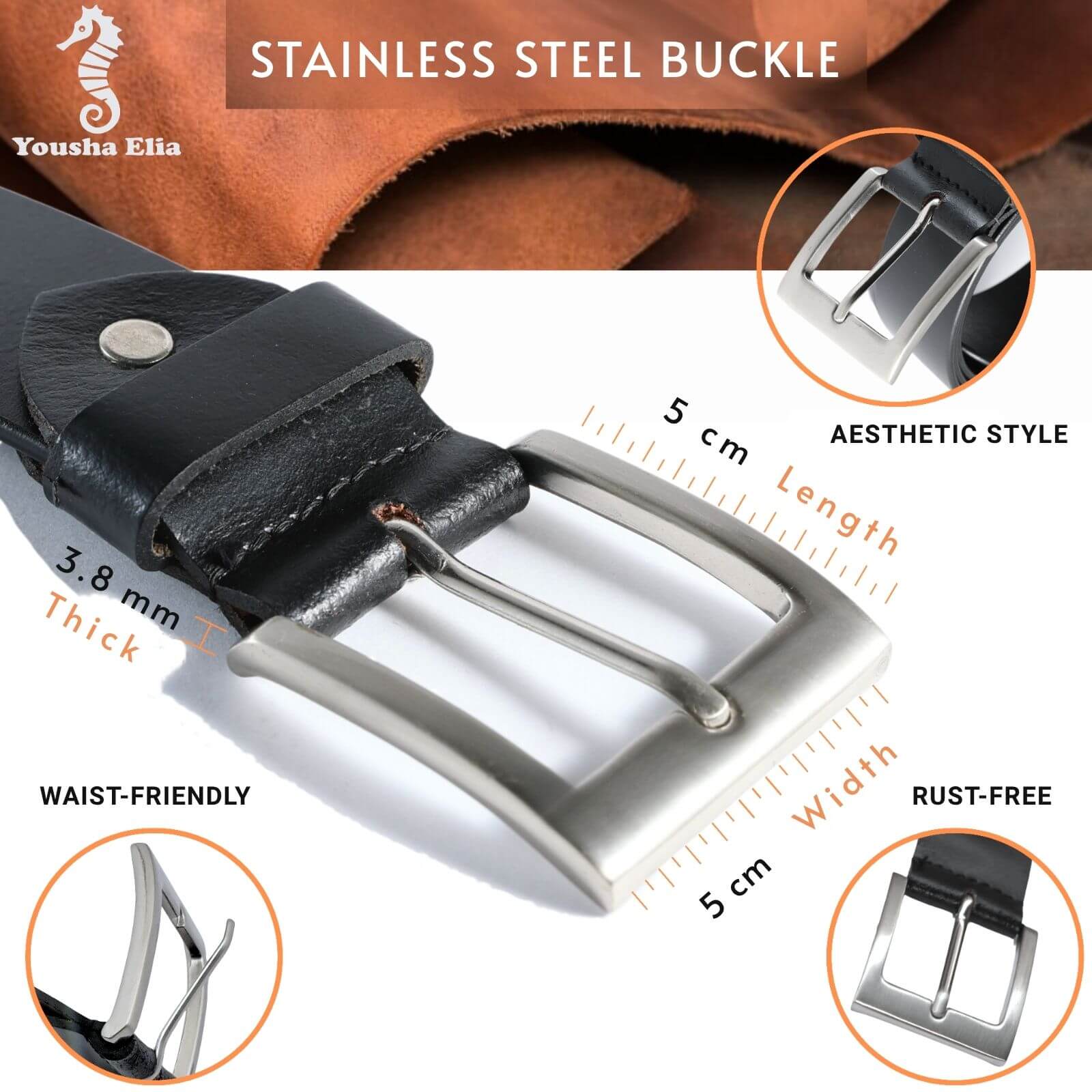 Black leather belt with stainless steel buckle, featuring measurements and product details.