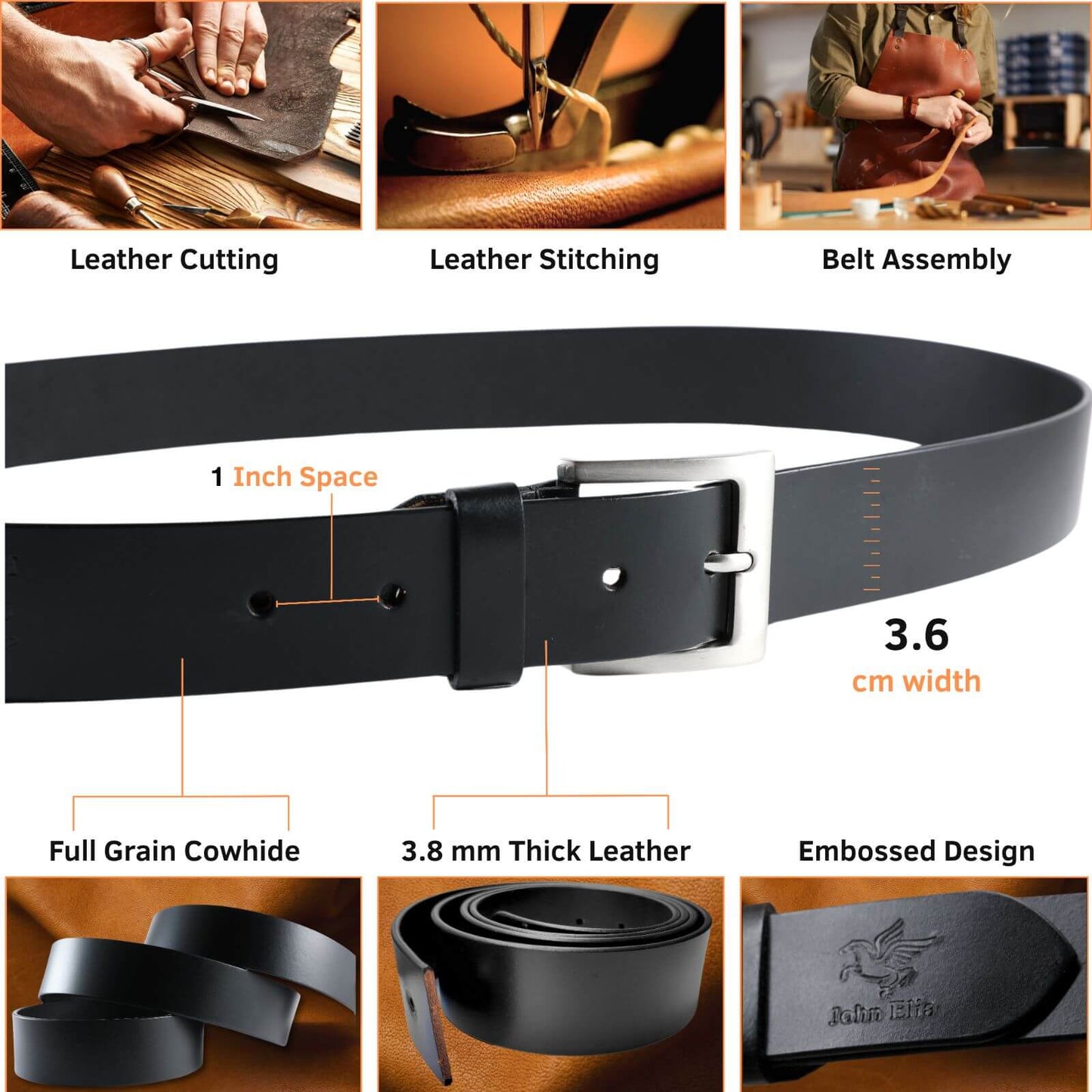 Black leather belt with assembly steps and specifications on a white background