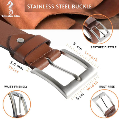 Brown leather belt with stainless steel buckle, showing buckle details and product features.